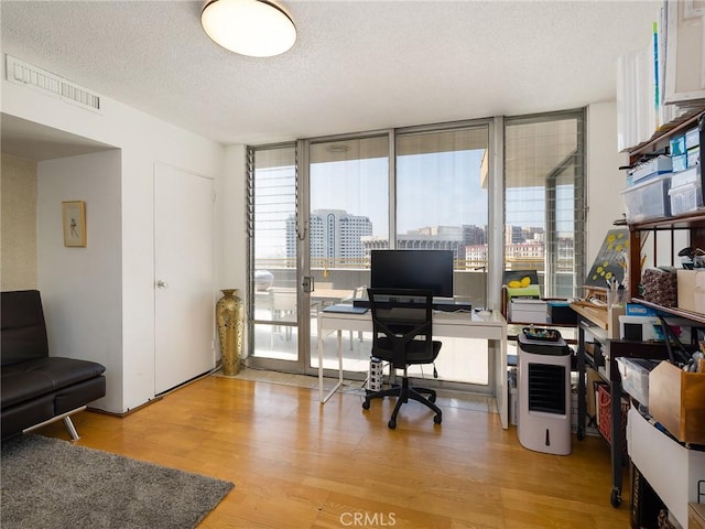 office featuring a healthy amount of sunlight, a textured ceiling, and light wood-type flooring