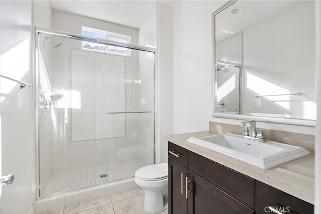 bathroom with tile patterned floors, walk in shower, vanity, and toilet