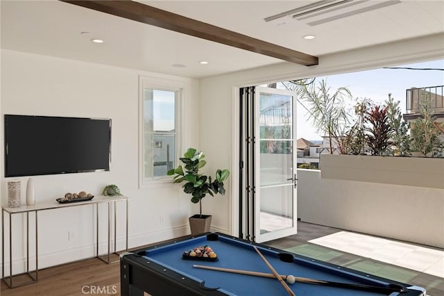 playroom featuring beamed ceiling, pool table, and dark hardwood / wood-style flooring