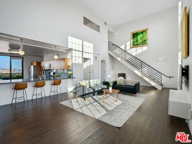 living room with a towering ceiling, dark hardwood / wood-style flooring, and sink