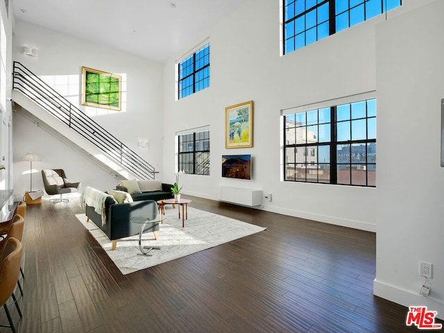 living room featuring a towering ceiling and dark hardwood / wood-style floors