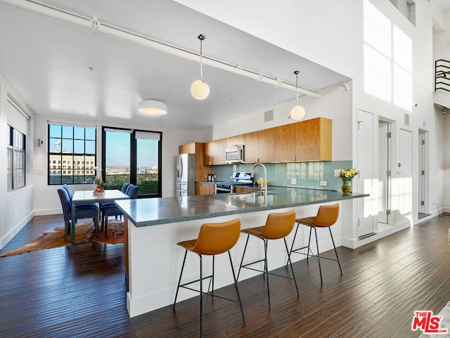 kitchen with kitchen peninsula, stainless steel appliances, dark hardwood / wood-style floors, and hanging light fixtures