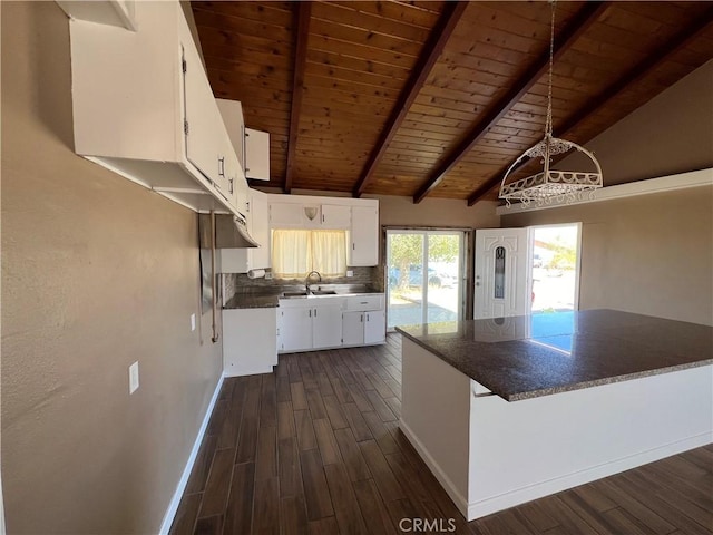 kitchen with sink, dark wood-type flooring, wooden ceiling, lofted ceiling with beams, and white cabinets