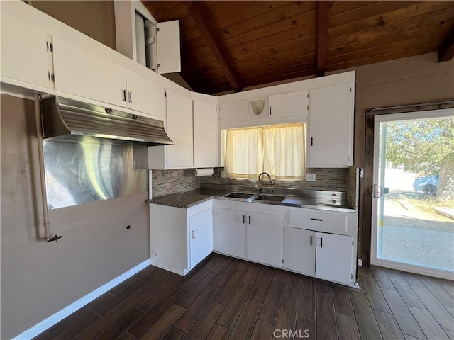 kitchen with beam ceiling, sink, dark wood-type flooring, wooden ceiling, and white cabinets