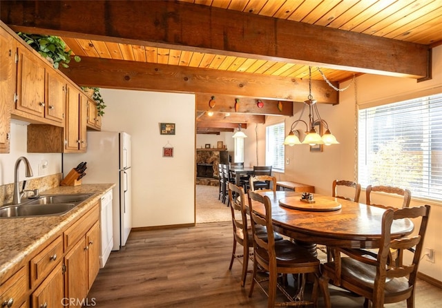 dining area featuring beamed ceiling, sink, dark hardwood / wood-style flooring, and wooden ceiling