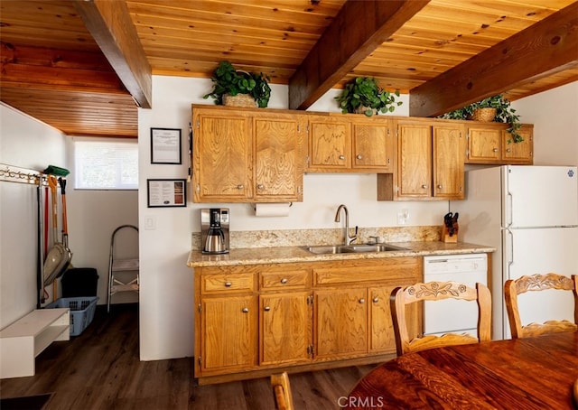 kitchen featuring beamed ceiling, dark wood-type flooring, and sink