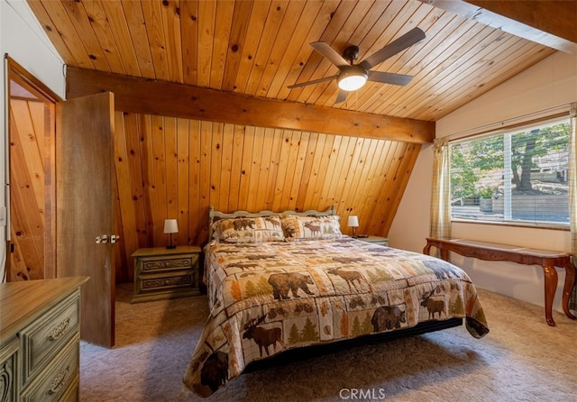 carpeted bedroom featuring ceiling fan, vaulted ceiling with beams, wooden walls, and wood ceiling