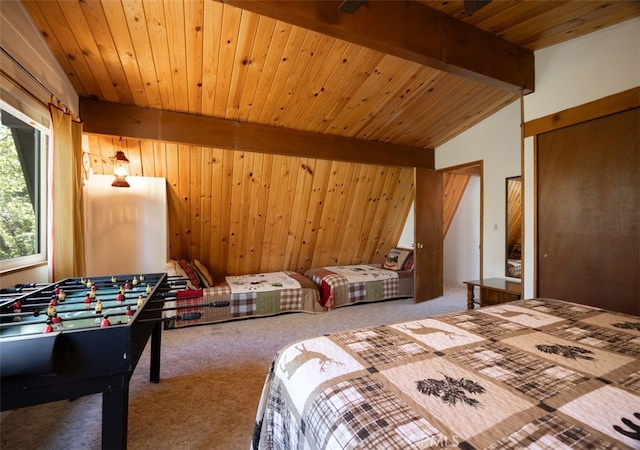 bedroom featuring vaulted ceiling with beams, wood walls, carpet, and wooden ceiling