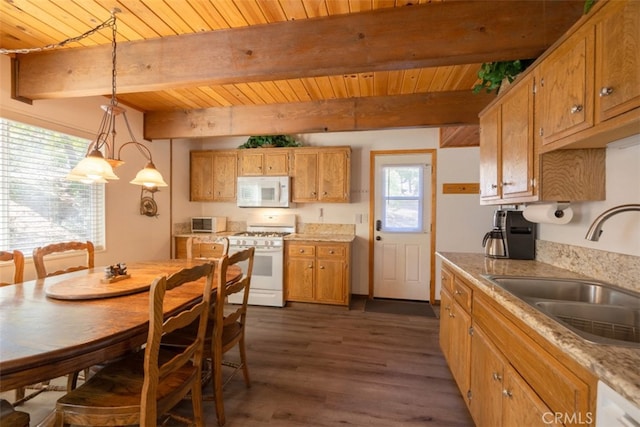 kitchen with white appliances, decorative light fixtures, a healthy amount of sunlight, and sink