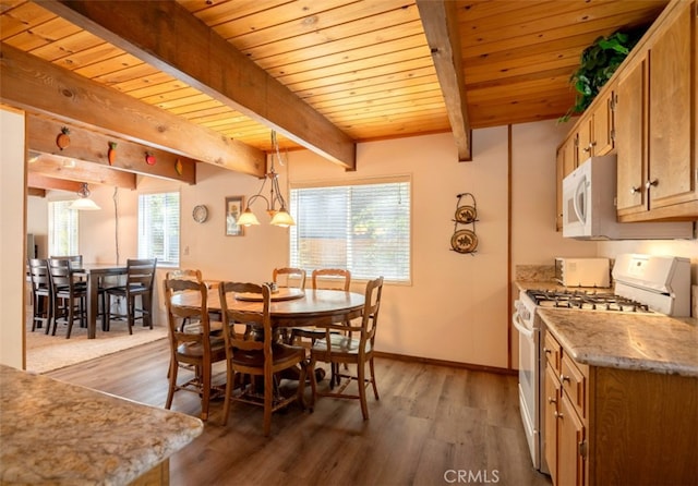 dining space featuring wood ceiling, beamed ceiling, and hardwood / wood-style flooring