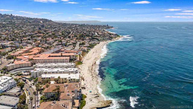 bird's eye view with a water view and a view of the beach