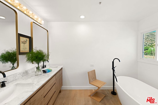 bathroom with wood-type flooring, vanity, and a bathtub