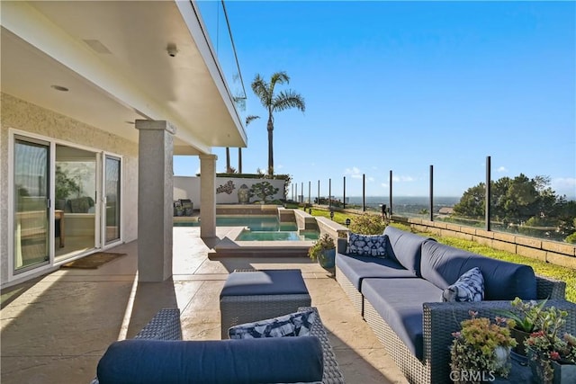 view of patio with a fenced backyard, an outdoor living space, and a fenced in pool