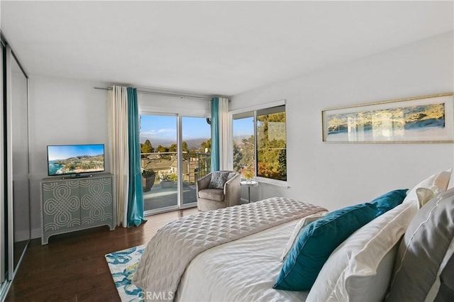 bedroom featuring wood finished floors and access to exterior