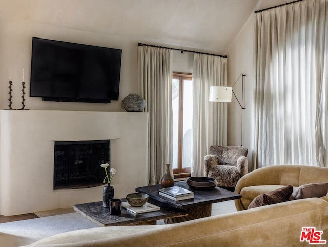 living room featuring lofted ceiling