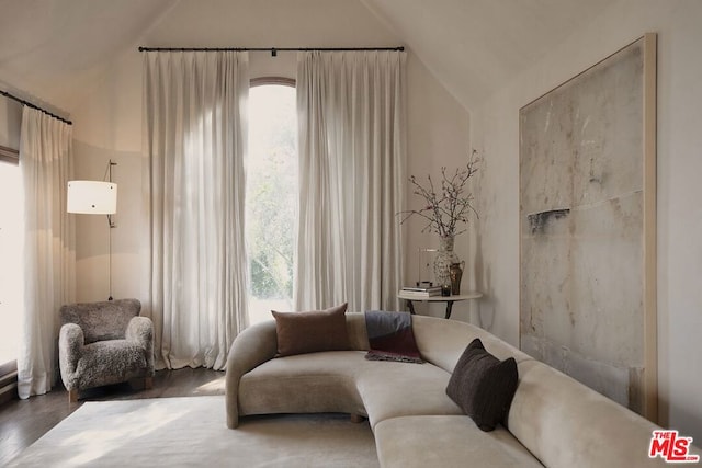 living room featuring lofted ceiling and hardwood / wood-style floors