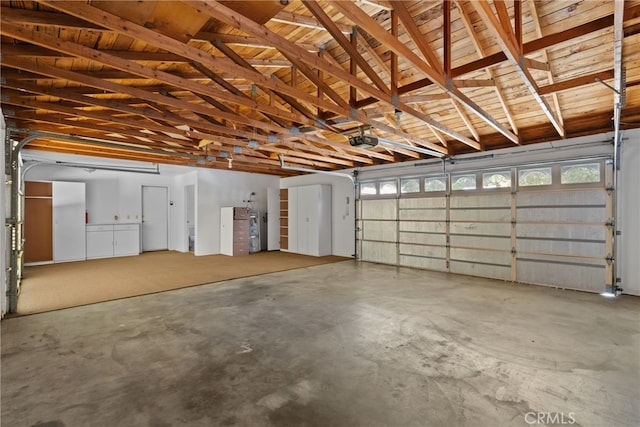 garage with a garage door opener and water heater