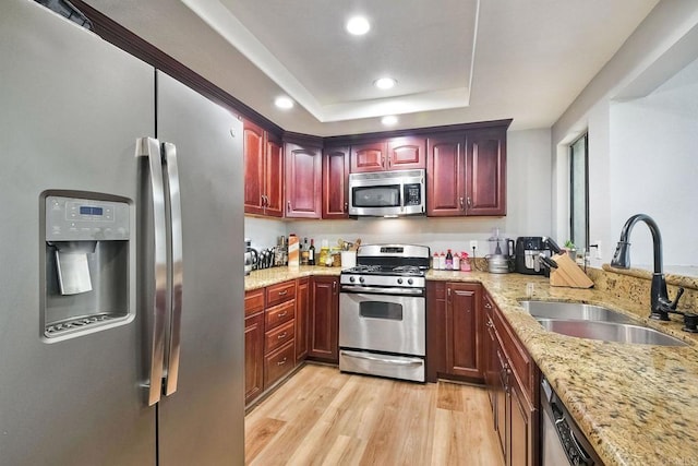 kitchen featuring light stone countertops, light wood-type flooring, stainless steel appliances, a tray ceiling, and sink