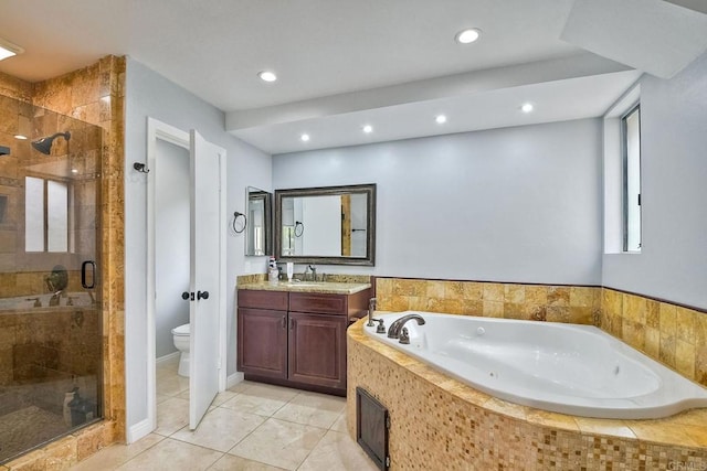 full bathroom featuring separate shower and tub, tile patterned flooring, vanity, and toilet