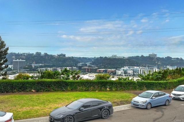 view of vehicle parking with a lawn