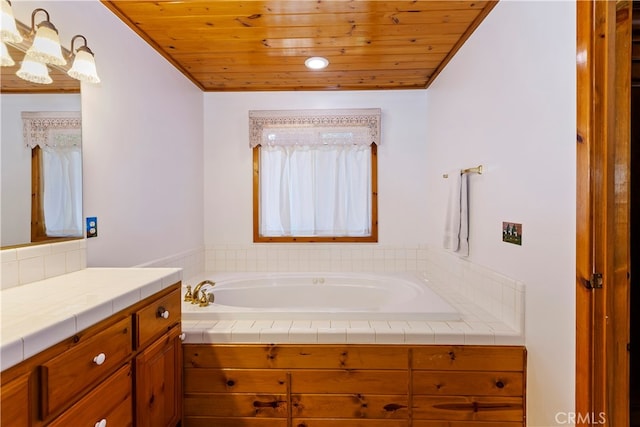 bathroom with lofted ceiling, vanity, and wooden ceiling