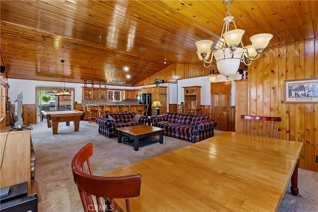 playroom with lofted ceiling, wood ceiling, pool table, carpet flooring, and wooden walls