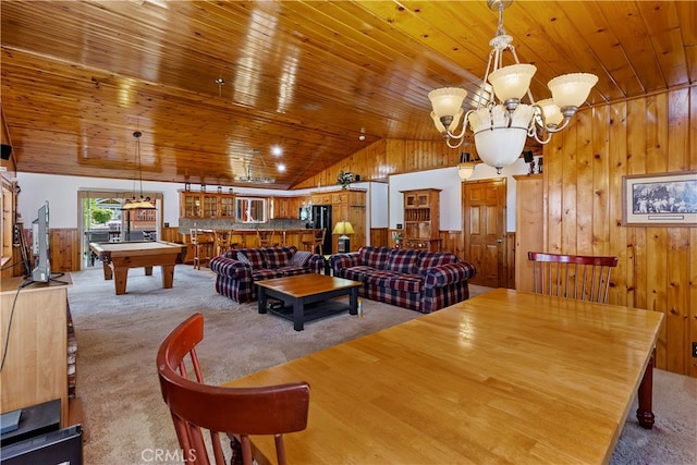 recreation room with billiards, wood ceiling, carpet floors, and vaulted ceiling
