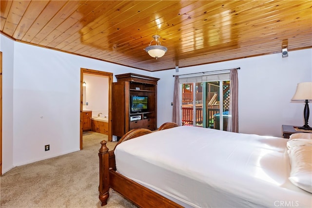 carpeted bedroom featuring ensuite bathroom, access to exterior, wooden ceiling, and crown molding