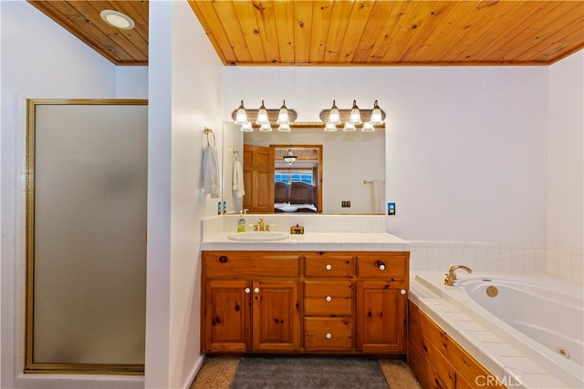 bathroom with wood ceiling, ornamental molding, vanity, and independent shower and bath