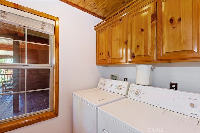 laundry room with wooden ceiling, cabinet space, and independent washer and dryer