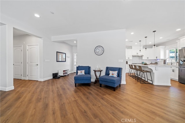 living room featuring hardwood / wood-style flooring and sink