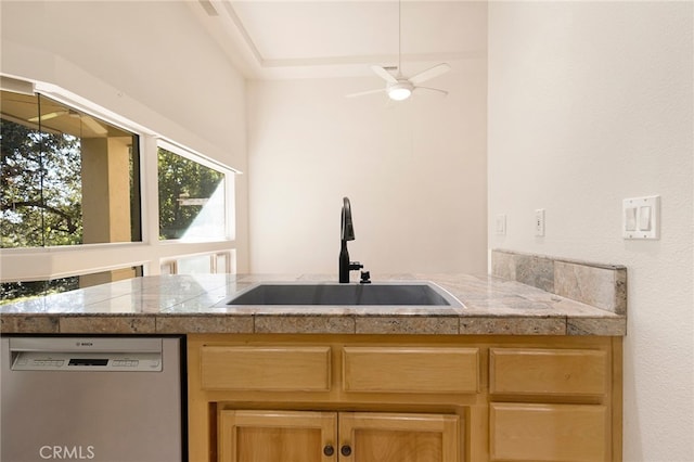 kitchen with dishwasher, sink, and ceiling fan