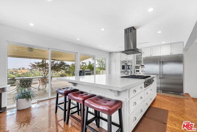 kitchen featuring white cabinets, island exhaust hood, stainless steel appliances, a kitchen breakfast bar, and a center island