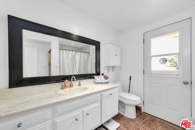 bathroom featuring ornamental molding, vanity, and toilet