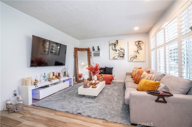 living room with wood-type flooring and a textured ceiling