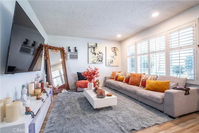 living room featuring a textured ceiling and hardwood / wood-style flooring