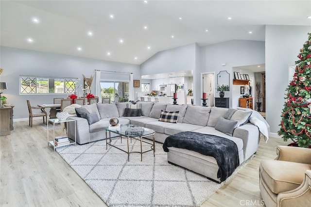 living room with high vaulted ceiling and light hardwood / wood-style floors