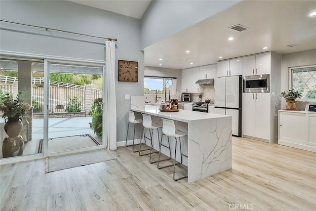 kitchen featuring a breakfast bar, under cabinet range hood, white cabinetry, appliances with stainless steel finishes, and a peninsula