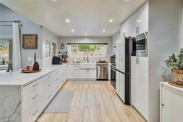 kitchen featuring stainless steel appliances, white cabinetry, sink, and kitchen peninsula