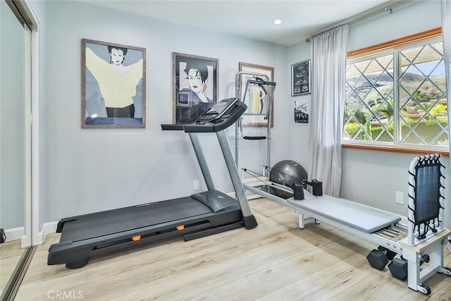 exercise room with light hardwood / wood-style flooring