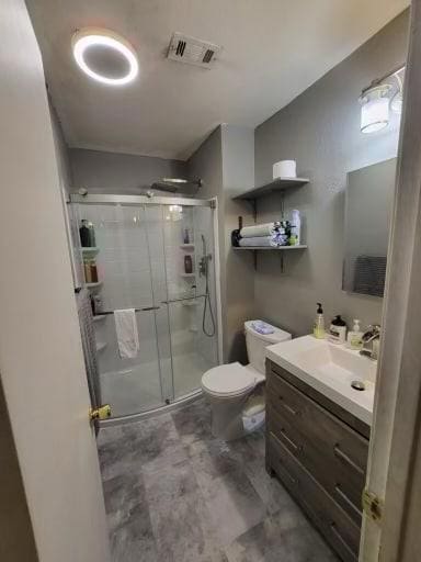 bathroom featuring vanity, toilet, and walk in shower