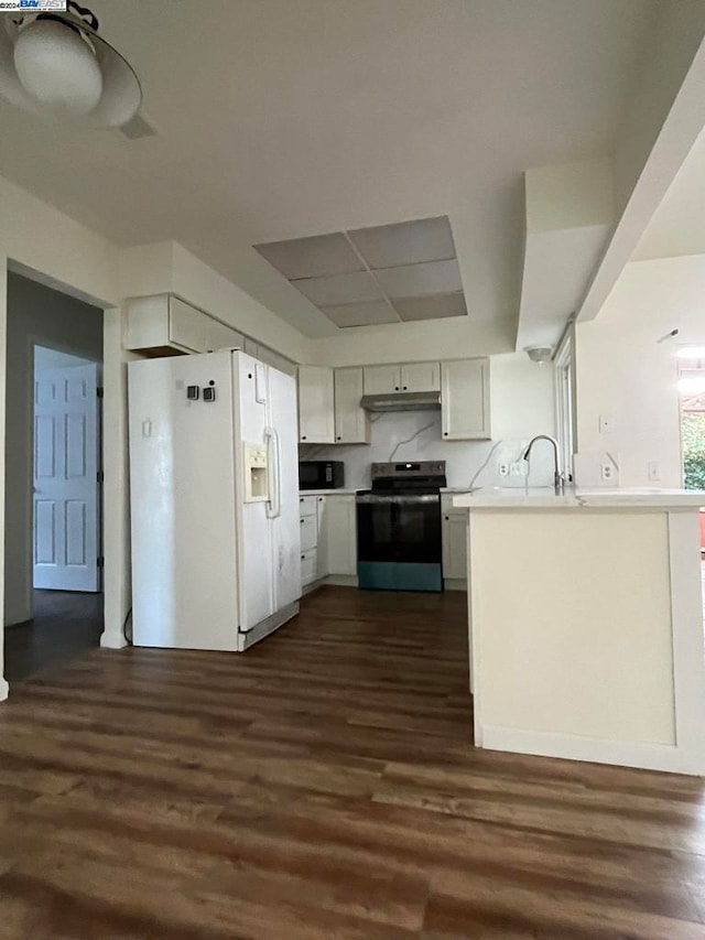 kitchen with white cabinetry, electric stove, white refrigerator with ice dispenser, dark wood-type flooring, and sink