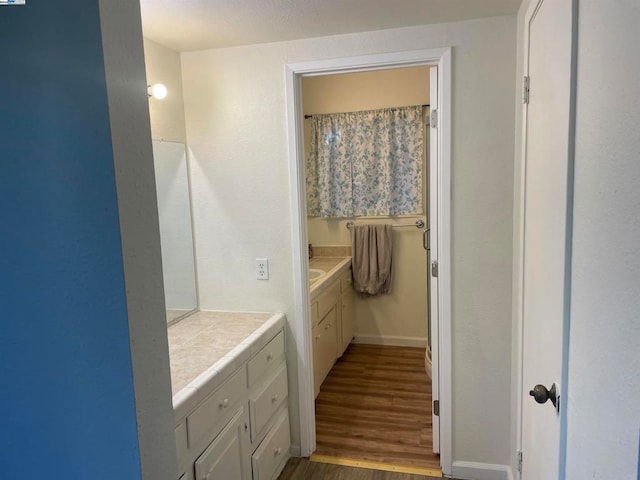 bathroom with hardwood / wood-style flooring and vanity