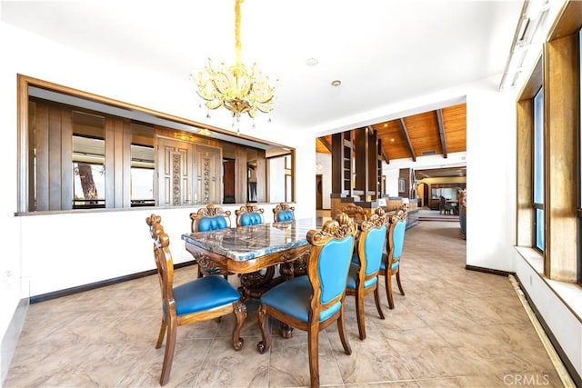 dining room featuring wooden ceiling, vaulted ceiling with beams, and an inviting chandelier