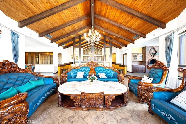 interior space with wood ceiling, a notable chandelier, a fireplace, high vaulted ceiling, and beam ceiling