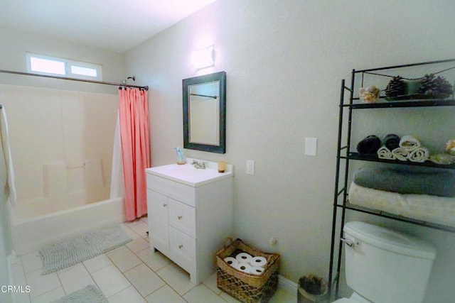 full bathroom featuring tile patterned floors, shower / bath combination with curtain, toilet, and vanity