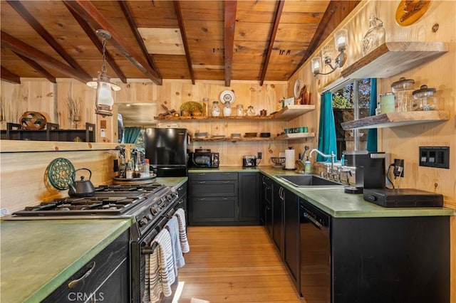 17040 Edgewood Way, Cobb, CA 95461 - kitchen featuring black appliances, open shelves, light wood-style floors, wooden ceiling with exposed beams, and a sink