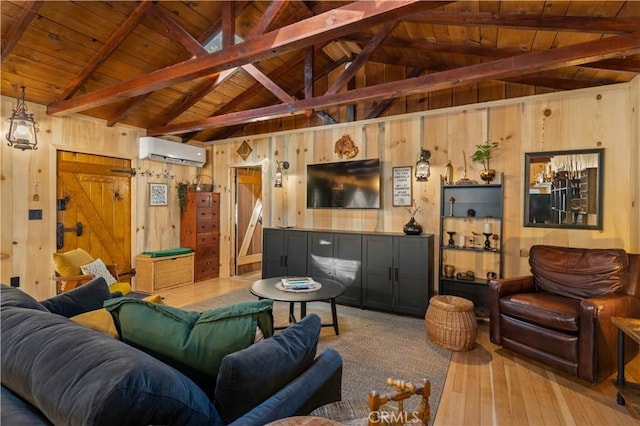 living room featuring an AC wall unit, hardwood / wood-style floors, wooden walls, lofted ceiling with beams, and wood ceiling