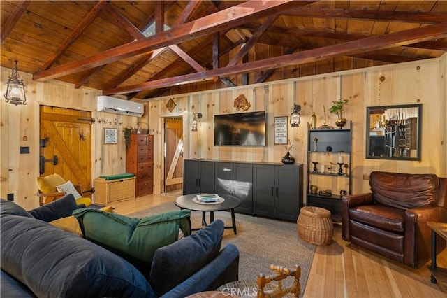 17040 Edgewood Way, Cobb, CA 95461 - living area featuring a wall unit AC, wood ceiling, wood-type flooring, and wood walls