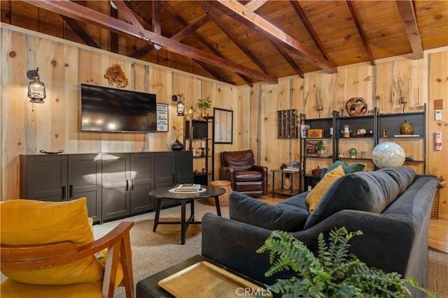 living room with wood ceiling, vaulted ceiling with beams, and wood walls